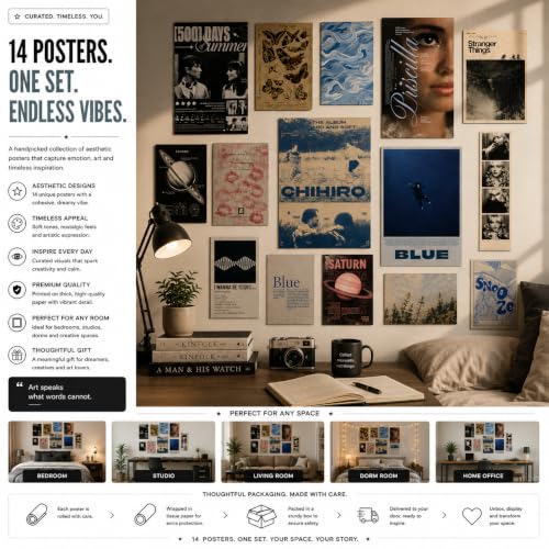 Image of 14 Piece Blue Aesthetic Poster Set | 300 GSM Multi-Sized Wall Posters with Adhesive Tape | Movie, Music & Vintage Art Prints for Bedroom, Room Decor, Home Decor, Living Room & Wall Art