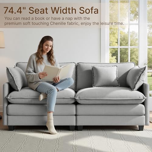 Image of KISLOT 74.4 inch Loveseat Oversized Modular Sectional Sofa with 4 Pillows, Gray | Cloud Couch, Dual Cushions, Deep Seats,Living Room