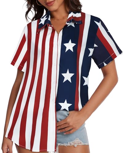 Image of Women Hawaiian Shirt Button Down Summer Tops Beach Short Sleeve Blouse