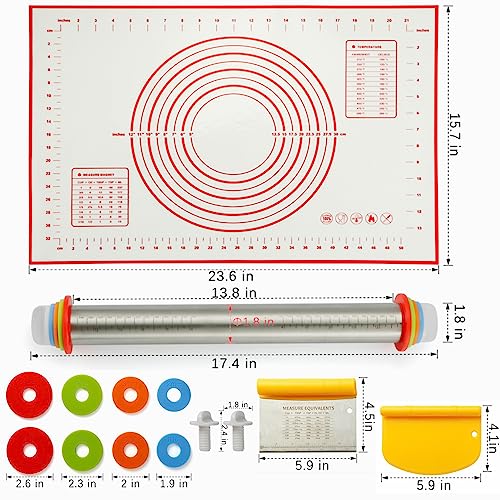 Mikula Rolling Pin, Rolling Pins Thickness Rings And Silicone Baking Pastry Mat Set, Stainless Steel Dough Roller Rolling Pins For Baking & Bench Scraper For Pizza, Cookies thumb #4