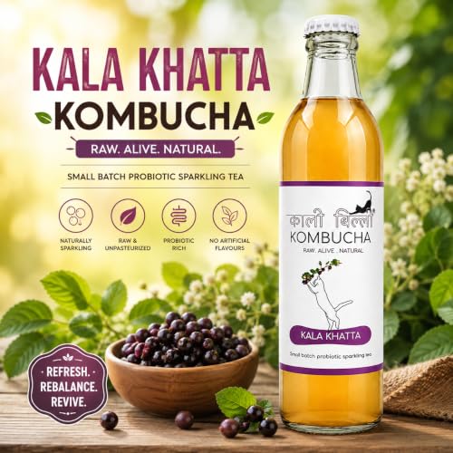 Image of KAALI BILLI Kombucha Kala Khatta, Pack of 4 | Fermented Tea, All Natural, Gut Healthy Drink | 4 x 250ml | Vegan, Preservative free, Low calorie, Low sugar
