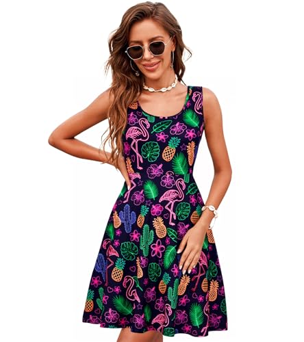 Image of uideazone Women Funny Print Sleeveless U Neck A Line Casual Midi Dress | Soft Stretchy Breathable Fabric Flared Swing Sundress Fitted Waist for Daily Wear 80 /90s Themed Party Beach Vacation Trips