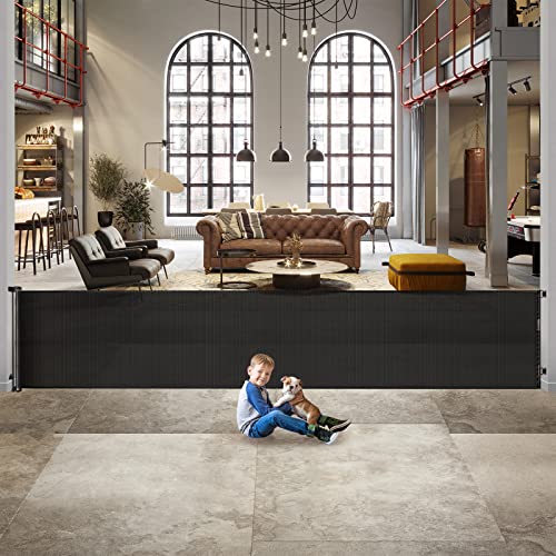 Image of 140 Inch Extra Wide Baby Gates for Large Openings Scratch-Resistant Retractable Indoor Dog Gates for Doorways Anti-Climb Extra Wide Baby Gate for Stairs Retractable Outdoor Dog Gate for Deck, Black