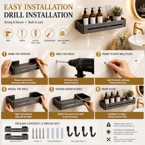 Image of Hallstatt Pack of 2 Aluminum Bathroom Shelf with Removable Hooks, Wall Mounted Bathroom Organizer Shelves Storage Rack Holder Stand for Bathroom Accessories Set with Drill Installation - Grey