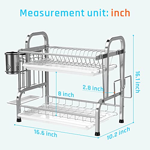 image for Dish Drying Rack, iSPECLE 304 Stainless Steel 2-Tier Dish Rack with Ut