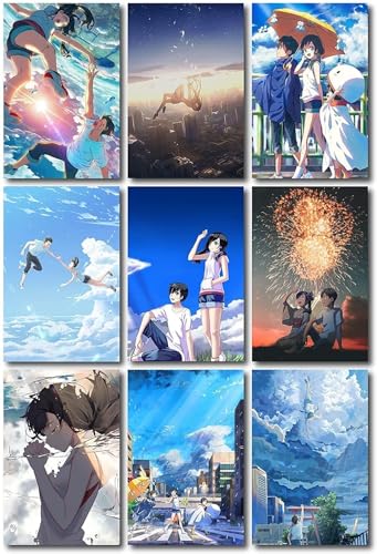 Image of ATEVON Weathering With You Wall Poster Set - Pack of 18 Mini Collage Prints (6x4 Inch) Featuring Makoto Shinkai's Art - Japanese Manga Room Decor, Unframed Wall Decoration for Fans