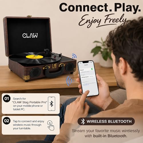 Image of CLAW Stag Portable Pro Bluetooth Turntable | 2x5W Speakers | Brown Wood