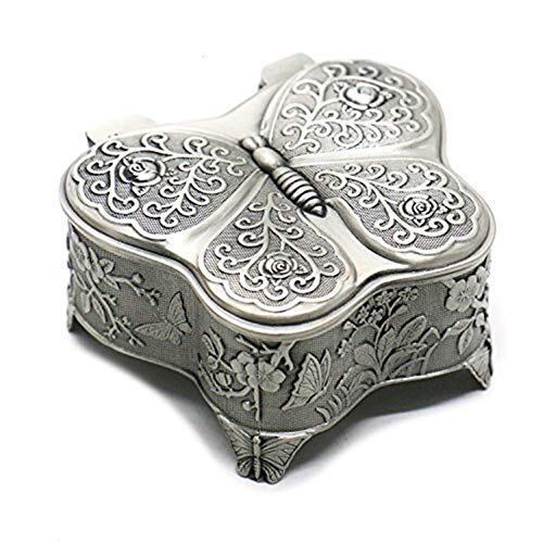 Preisvergleich Produktbild Schmuckkästchen Kosmetisches Zubehör oder Beauty T Antike Metall Rose Gravur Schmetterling Schmuckschatulle Schmuck Aufbewahrungsbox Andenken Box for Frauen, Silber Schmuck-Organizer Schmuckkoffer für