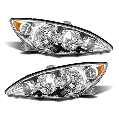 AS Headlights Assembly Compatible with 2005 2006 05 06 Toyota Camry Headlamp with Chrome Housing Amber Reflector Driver and Passenger Side (NOT FIT Solara Models)