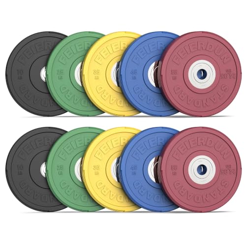 Image of FEIERDUN Color Bumper Plate Set, 2-Inch Olympic Weight Plates, Low Bounce Rubber Barbell Plates with Stainless Steel Insert for Weightlifting, Strength Training, CrossFit & Home Gym, 10LB-370LB