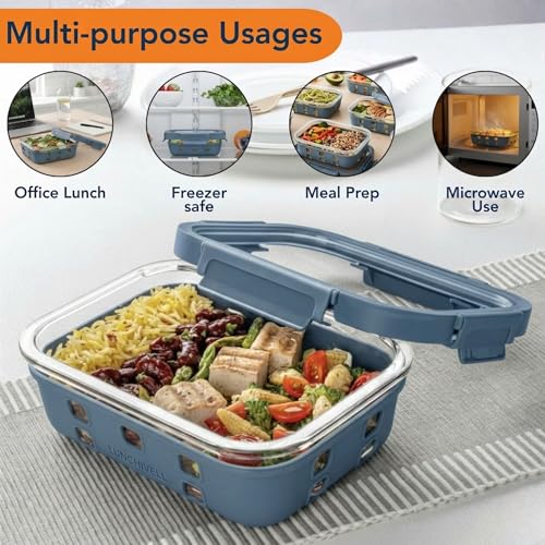 Image of 1 Large Lunch Box Combo with Insulated Lunch Bag | Leakproof Borosilicate Tiffin Container with Silicon Gasket and Sleeves | Perfect for Office Lunch, School & Travel (Glacier Blue)