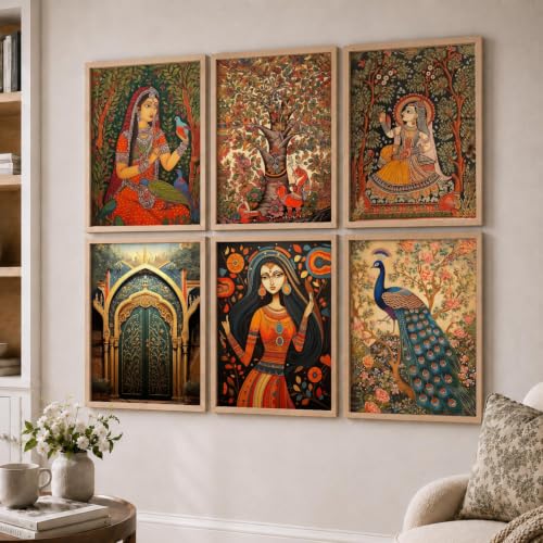 Image of kotart Premium Digital Madhubani Art Paintings with Frame for Home Decor - Framed Painting Living Room Bedroom Office - Wall Decoration - Pack of 6 (14X20 Inch, A)