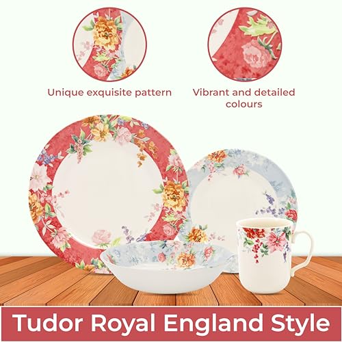 TUDOR-ROYAL-16-Piece-Round-Porcelain-Dinnerware-Set-Service-for-4-CRIMSON-Design-Multicolor-Floral-Plates-Bowls-Mugs-Dishes-Premium-Quality-Ceramic-Tableware-Unique-Patern-Glossy