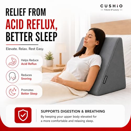 Image of CUSHIO Bed Wedge Pillow for Sleeping, Memory Foam Wedge Cushion for Acid Reflux, Back Support Pillow for Bed Sitting, Orthopedic Wedge Pillow for Neck & Back Pain, Leg Elevation Pillow (Grey)