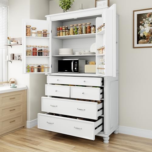 Image of Ball & Cast 77″Tall Freestanding Kitchen Pantry Cabinet with 5 Drawers,43 inch W Versatile Farmhouse Pantry Storage Cabinet w /Adjustable Shelves and 6 Door Shelves,for Kitchen and Dining Room,White