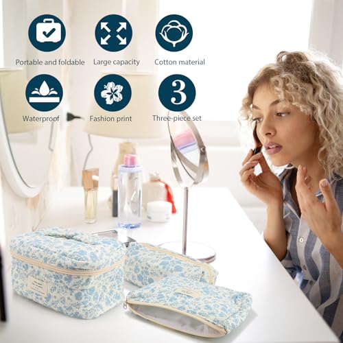 Rosvola Travel Makeup Bag, Cosmetic Bag Set with Handle, Makeup Travel Organizer Portable Cotton Toiletry Bag for Bottles, Brushes, Women Girls2