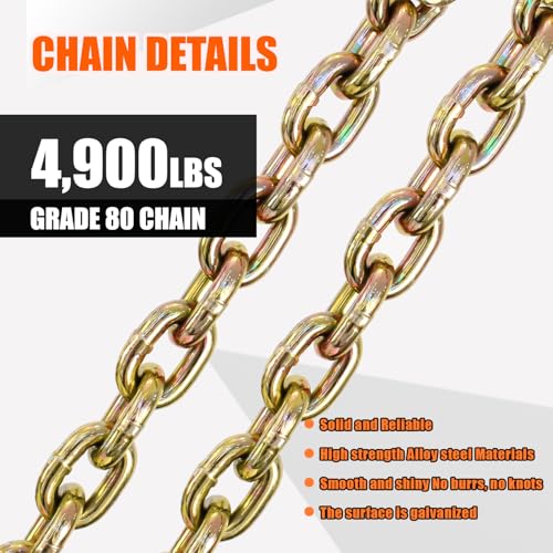 Image of TKK G80 Transport Binder Chain, 5 /16 Inch x 15 Foot Logging Chain with Grab and Sling Hooks 7,100 lbs Safe Working Load Heavy Duty Chain for Transporting Towing Tie Down Binding Equipment