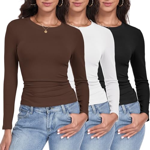 GetGigt 3er Pack Langarmshirt Damen Rundhlas Slim Fit Y2K Top Longsleeve Basic Unterhemd T-Shirts Langarm Dehnbar Trendy Oberteile(S,Schwarz, Weiß, Kaffeebraun)