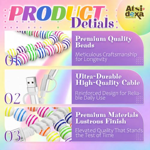 Image of 4-in-1 Beaded Charging Cable, MFi Certified, Works with CarPlay, 3.3FT 60W Fast Charger Cord for iPhone 17 /16 /15 /14 /13 /12 /11, iPad, Samsung, Android and More (Rainbow Stripes)
