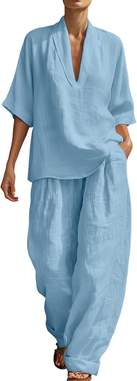 Womens 2 Piece Linen Sets Summer Short Sleeve Tops and Wide Leg Pants with Pockets Casual Boho Beach Vacation Outfits
