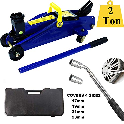 ZanGe 2 Tonne High Lift Hydraulic Trolley Jack with Storage Case Blue+Extending Power Telescoping Lug Nut Wrench with 17mm 19mm 21mm 23mm Sockets for Car Van Truck Repair Emergency Tool