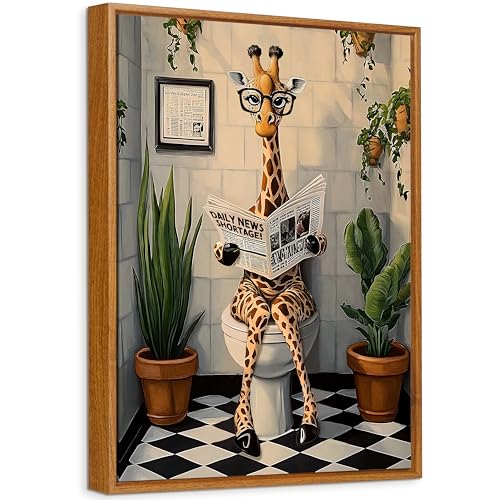 Enmarcado Cuadro Moderno Cuarto de Baño Cuadro Decoracion Jirafa Divertida Leyendo el Periódico en el Inodoro Lienzo Pintura Imagen Animales Cuadros Decorativos Baño Aseo Inodoro WC 30x40cm