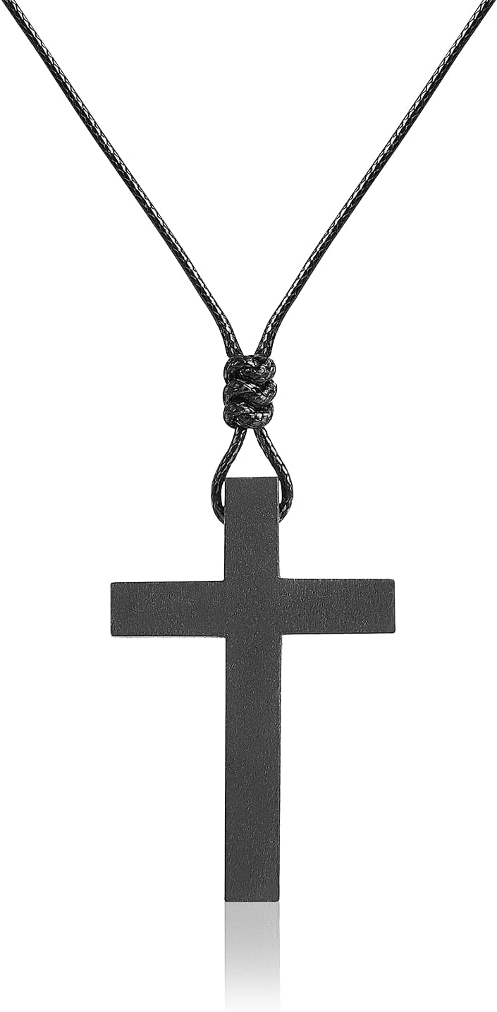 Men's Wooden Cross Necklaces Real Handcrafted Wood Cross Pendants With Leather Necklaces Men's Black Cross Necklaces Christian Baptism Crucifix Pendant for Men