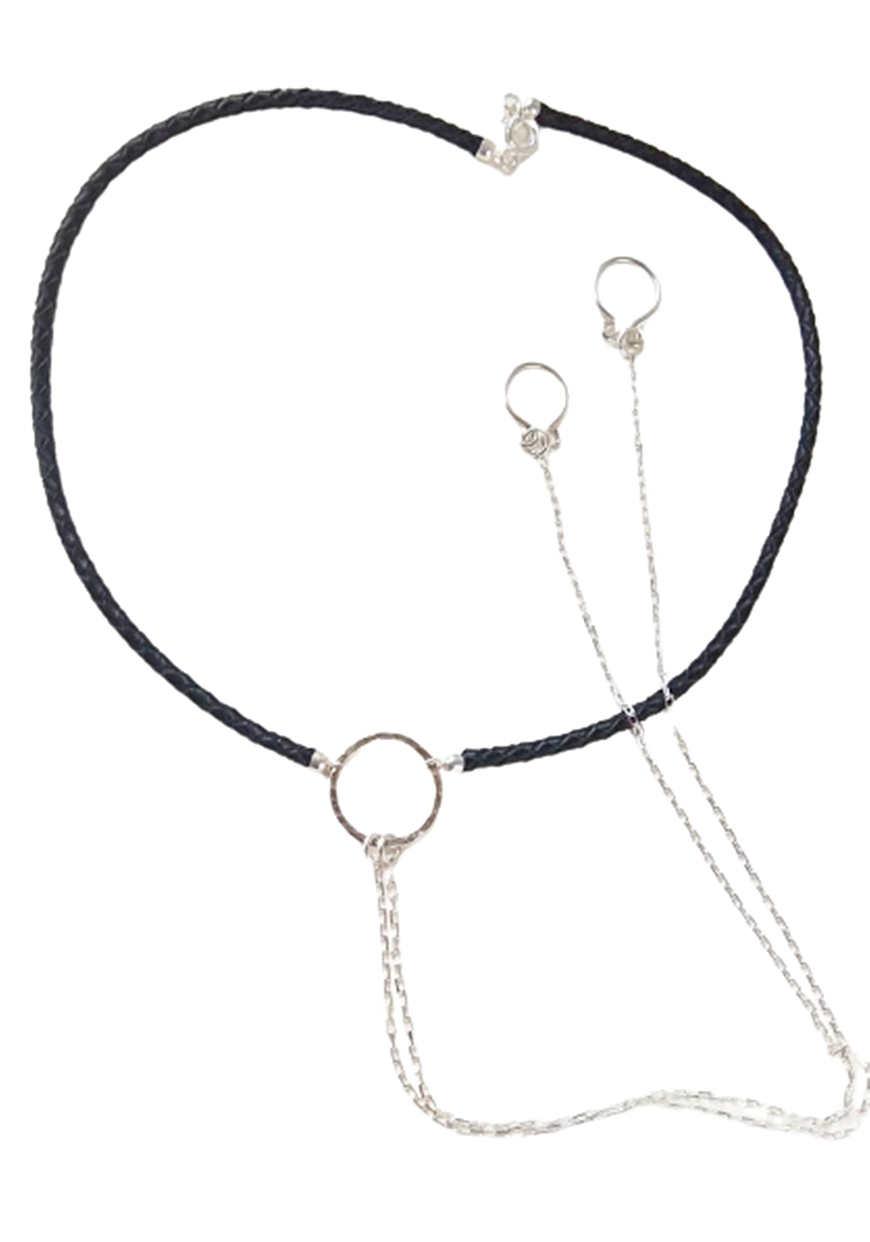 Handgemachter Brustwarzen-Schmuck Schwarzes Leder O-Ring Halsband | Baumelnde silberne Ketten, Fake Brustwarzen-Piercing