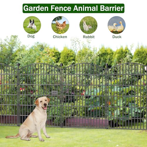 Image of 10 Panels No Dig Decorative Garden Fence with Gate - 40 in (H) x 23.6 ft (L), Dog Fence Outdoor for Yard, Rustproof Metal Animal Barrier Ground Stakes Fencing for Garden, Patio, Flower Bed