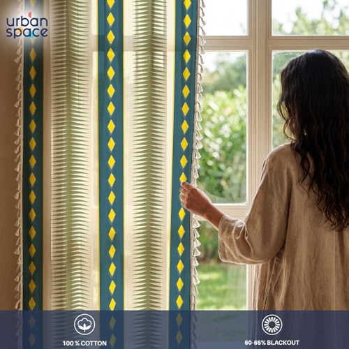 Image of Urban Space Boho Decorative Curtain for Window, 100% Cotton Curtain 5 Feet Long, 1 piece Curtain with Tassels, 60-65% Room Darkening with Tieback and Eyelets (Alora Dark Teal, 5 Feet)
