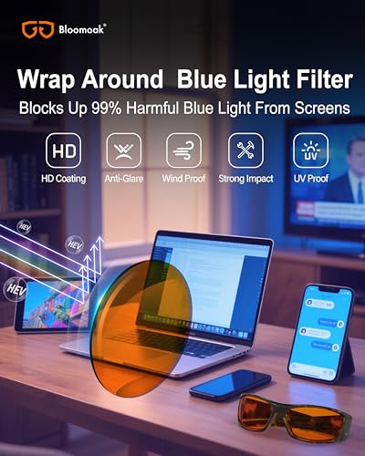 Image of Bloomoak 99% Blue Light Blocking Glasses,Nighttime Sleep,Fully Wraparound Your Eyes with No Leaks for Side Glare