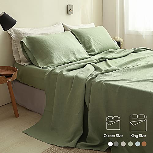 SimpleOpulence-100-Linen-Sheet-Set-Solid-Color-4-Pcs-Washed-French-Linen-Bed-Sheets1-Flat-Sheet1-Fitted-Sheet2-Pillowcases-Breathable-Bedding-Set-Sage-Green-Queen