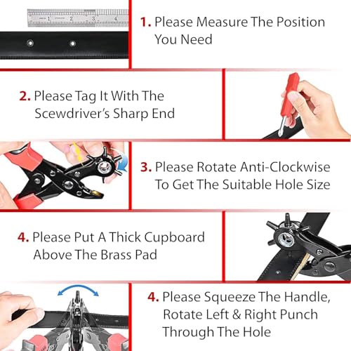 Image of LPOE007 Revolving Leather Punch Pliers or Punching Machine with 6 Hole Sizes for Leather Belts, Watch Bands, Bags, Dog Collars, Fabric, Craft Projects, Leather Puncher (Black /Red)
