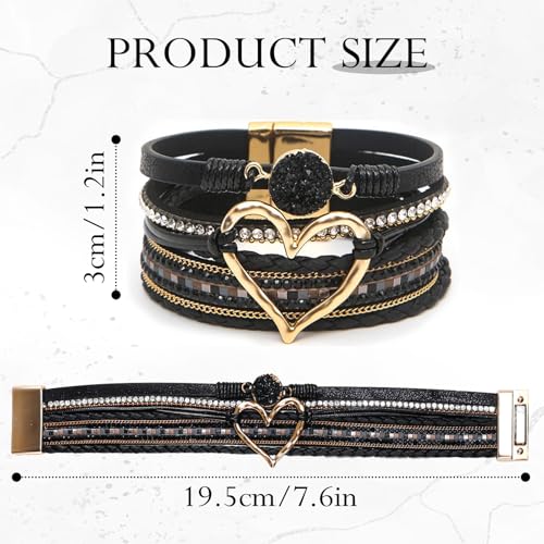 Leather Wrap Bracelet for Women, Boho Heart Cuff Bracelet with Strong Clasp, Multi-Layer Crystal Leather Bracelet2