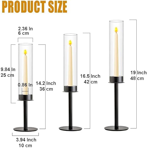Miniatura 5 de Portavelas negros de 3 piezas, portavelas de huracán, portavelas cónicos con cubierta de vela de vidrio para decoración de mesa de boda, centro de