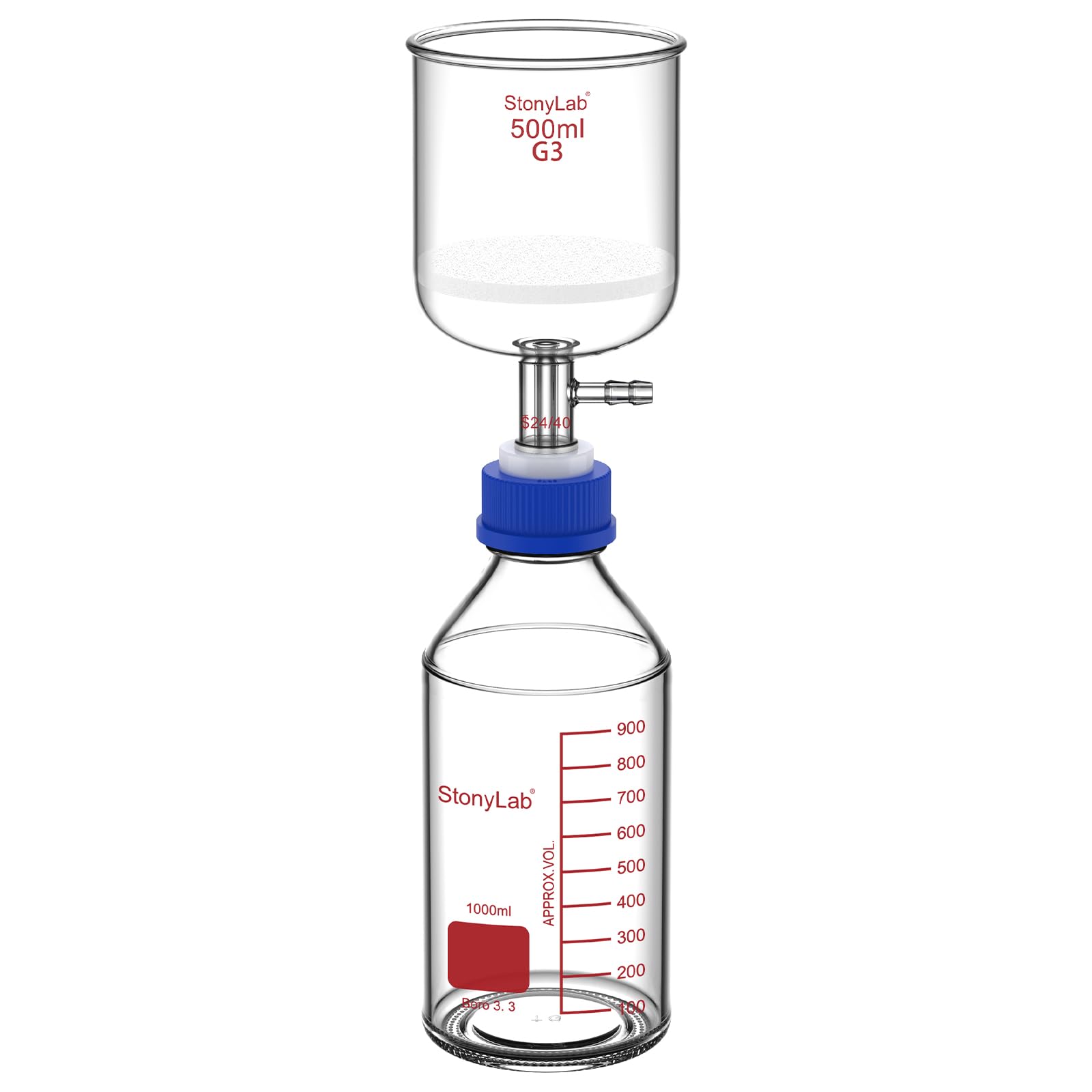 stonylab Buchner Trichter Saugfiltrationsapparat mit PP Adapter, Borosilikatglas, 500 ml Trichter mit Feiner Fritte (G3) und 1000 ml Vorratsflaschen, 24/40 Schliff, für Laborgebrauch