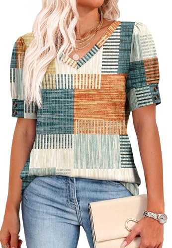 Image of OFEEFAN Womens Tops Short Sleeve Shirts Buttons V Neck Spring Fashion Summer Outfits Plus Size Blouses Dressy Casual