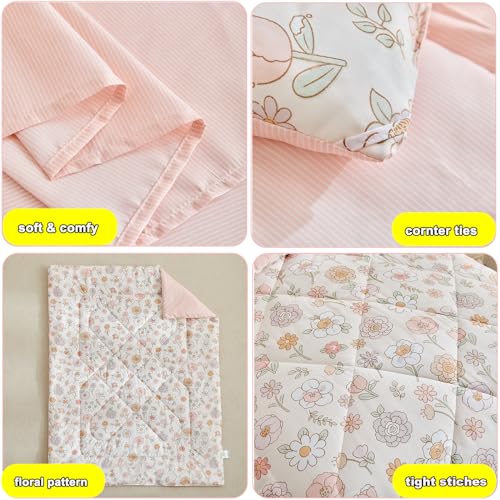 Image of DuShow Floral 4 Piece Girls Toddler Bed Comforter Set Pink Flower Reversible Toddler Bedding Set Soft Baby Crib Bed Sheets Set in a Bag | Include Quilt Comforter,Flat Sheet,Fitted Sheet,Pillowcase