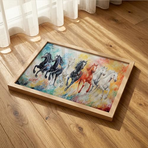 Image of Suneree 7 Horse Vastu Wall Painting - Abstract Colorful Running Horses Framed Wall Art for Living Room & Office Decor (Natural, Design 12, 10x13 Inch)