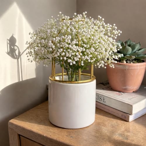 Image of Art Street Ceramic Vase with Gold Metal Finish | White Flower Pot for Home | Living Room, Bedroom and Office Decor | Vase for Gift | Size (7x3 Inch)