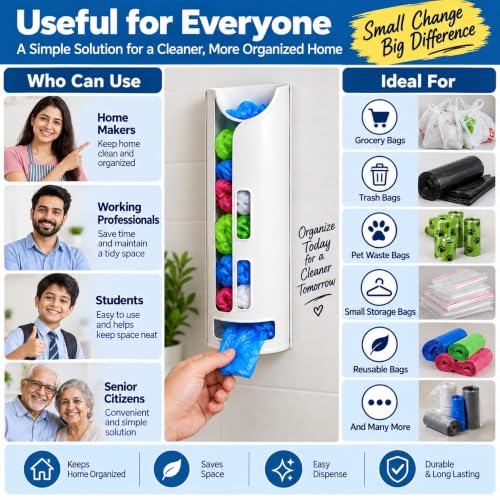 Image of Wall-Mount Plastic Bag Dispenser - Kitchen /Utility Holder, Easy-Pull