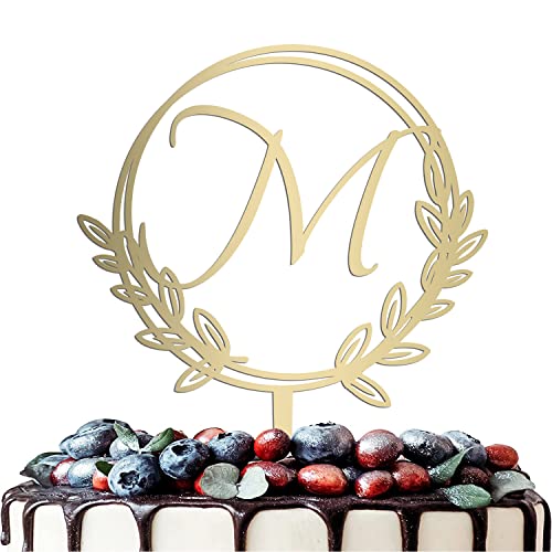 Vinisong Personalized Initial Letter M Golden Cake Topper Wooden Cake Decoration Wreath Cake Topper Perfect For Birthday Rustic Wedding Anniversary Keepsake Party Decoration #TOP4
