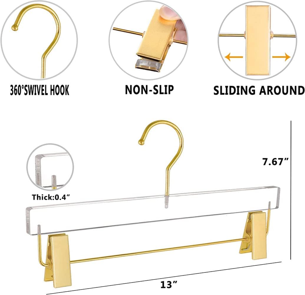 Acrylic Hangers Clear and Gold Hangers with Gold Hooks and Clips Durable Universally Kids and Adults Gangers for Pants,Skirt Dress,All Clothes (10)
