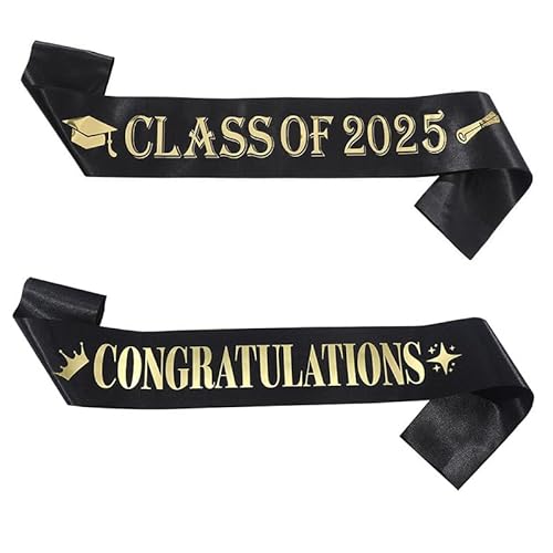 Dusenly 2pcs Class of 2025 Graduation Sashes Black Gold Congratulations Sash for 2025 Grad Party Decoration Kit Accessories