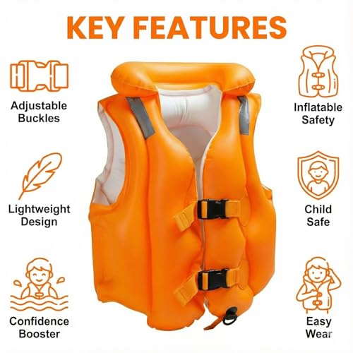 Image of Enorme Swim Vest for Kids | Adjustable Inflatable Floating Jacket | Swimming Aid for Children | Durable PVC Life Vest with Double Buckle & Neck Support | Ideal for Pool & Beach Use - (Pack of - 1)