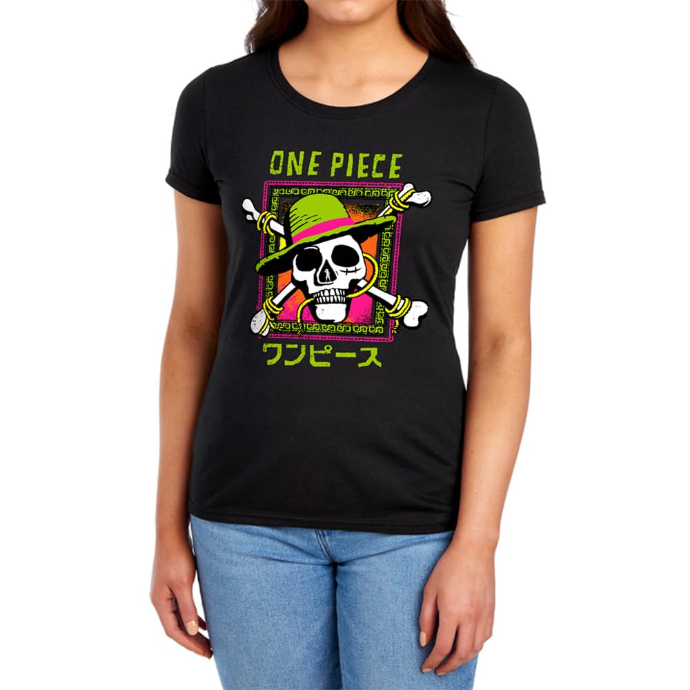 One Piece Jolly Roger Colourful Logo Womens T-Shirt, Black, XXL