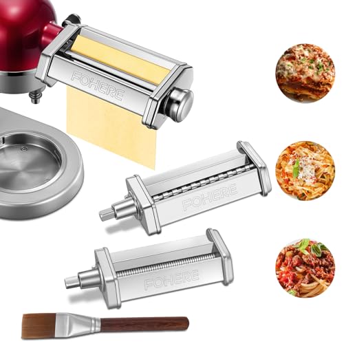 【Set da Tre Pezzi Accessorio per Pasta per KitchenAid】Inclusi Rollio per Pasta, Taglio Fettuccine, Taglio Spaghetti e Spazzola per la Pulizia. Custodia interamente in metallo di alta qualità, estetica e durevole.