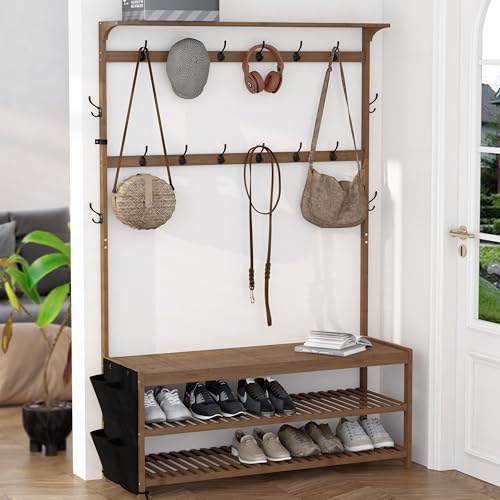 Image of AMBIRD 6-in-1 Bamboo Hall Tree with Shoe Storage, Entryway Organizer Shoe Bench with 16 Coat Hooks and Cloth Bag, Sturdy Bamboo Storage Bench, 46 * 15 * 70 inches Brown
