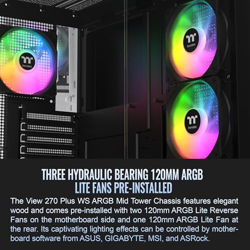 Image of Thermaltake View 270 Plus WS ARGB; Mid Tower; 3x120mm Lite Fans Included; 360mm Radiator Support; 420mm GPU Clearance;Bottom Wood Trim; E-ATX /ATX /mATX /mITX; 220mm PSU Clearance;Black; CA-1Y7-00M1WN-WS