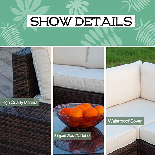 Polar Aurora 6Pcs Patio Furniture Set Pe Brown Rattan Wicker Sectional Outdoor Sofa Set Outside Couch W/Washable Seat Cushions & Modern Glass Wedge Table For Patio, Backyard, Pool-Beige #TOP5
